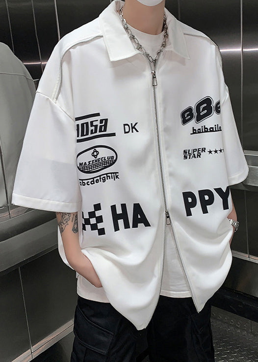 Shirt White Sleeve Up Mens Loose Letter Zip Half Cotton