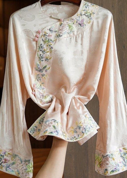 Loose Yellow Embroidered Oriental Button Silk Blouses Spring YF014