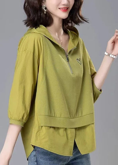 Patchwork Zippered Loose Yellow Tops Hooded Summer Cotton