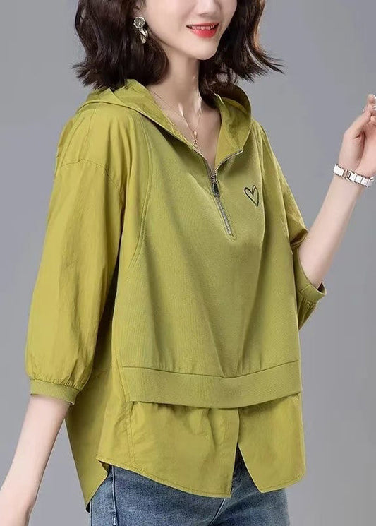Patchwork Zippered Loose Yellow Tops Hooded Summer Cotton
