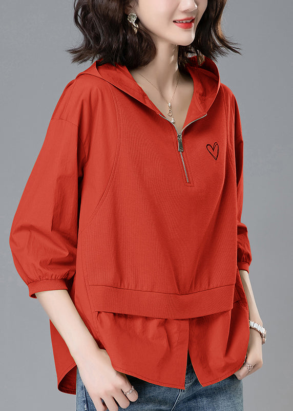 Patchwork Zippered Loose Yellow Tops Hooded Summer Cotton