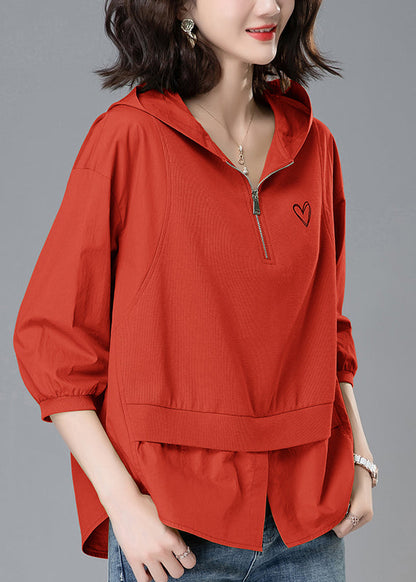 Patchwork Zippered Loose Yellow Tops Hooded Summer Cotton