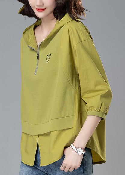 Patchwork Zippered Loose Yellow Tops Hooded Summer Cotton