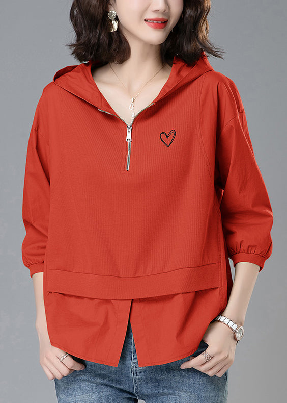 Patchwork Zippered Loose Yellow Tops Hooded Summer Cotton