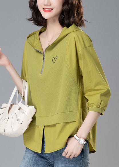 Patchwork Zippered Loose Yellow Tops Hooded Summer Cotton
