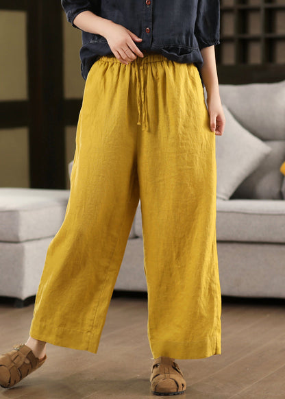 Loose Waist Elastic Pants Summer Crop Up Linen Yellow Lace