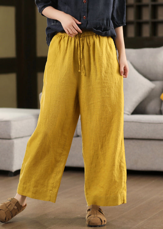 Loose Waist Elastic Pants Summer Crop Up Linen Yellow Lace