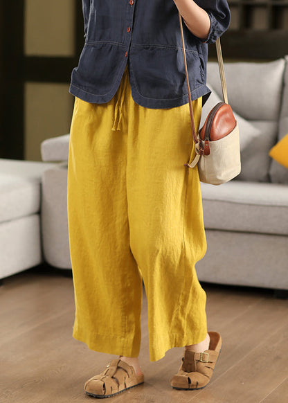 Loose Waist Elastic Pants Summer Crop Up Linen Yellow Lace