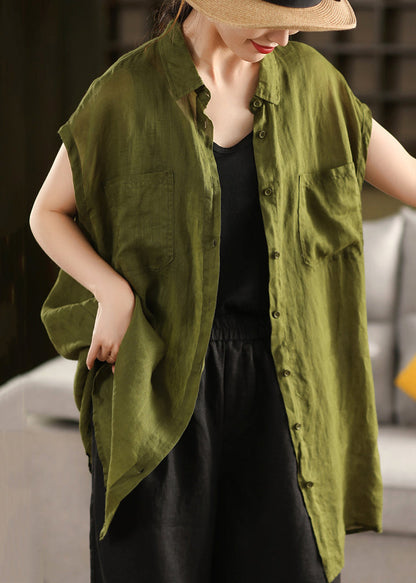 Button Pan Collar Peter Summer Pockets Loose Shirt Yellow Cotton