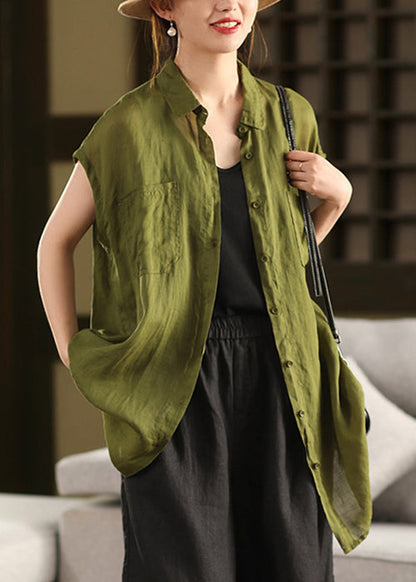 Button Pan Collar Peter Summer Pockets Loose Shirt Yellow Cotton