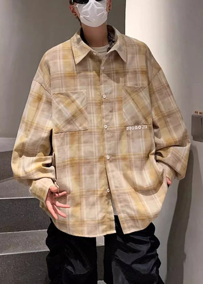 Plaid Shirt Pockets Men Peter Collar Loose Pan Yellow Cotton