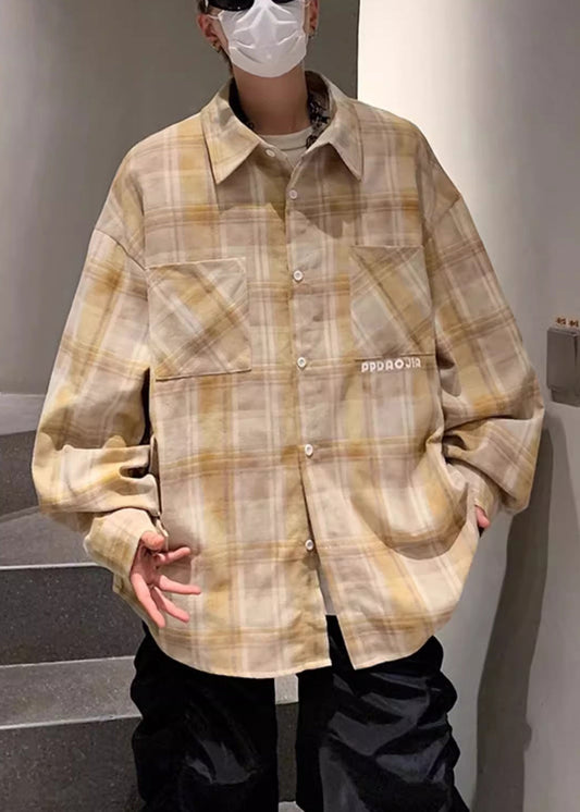 Plaid Shirt Pockets Men Peter Collar Loose Pan Yellow Cotton