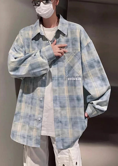 Plaid Shirt Pockets Men Peter Collar Loose Pan Yellow Cotton