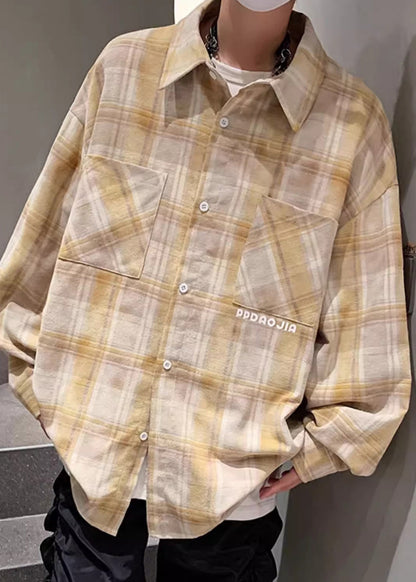 Plaid Shirt Pockets Men Peter Collar Loose Pan Yellow Cotton