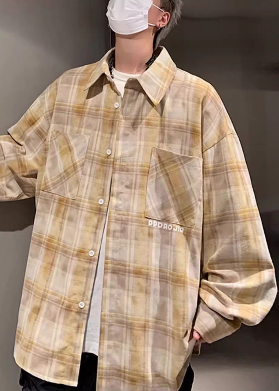 Plaid Shirt Pockets Men Peter Collar Loose Pan Yellow Cotton