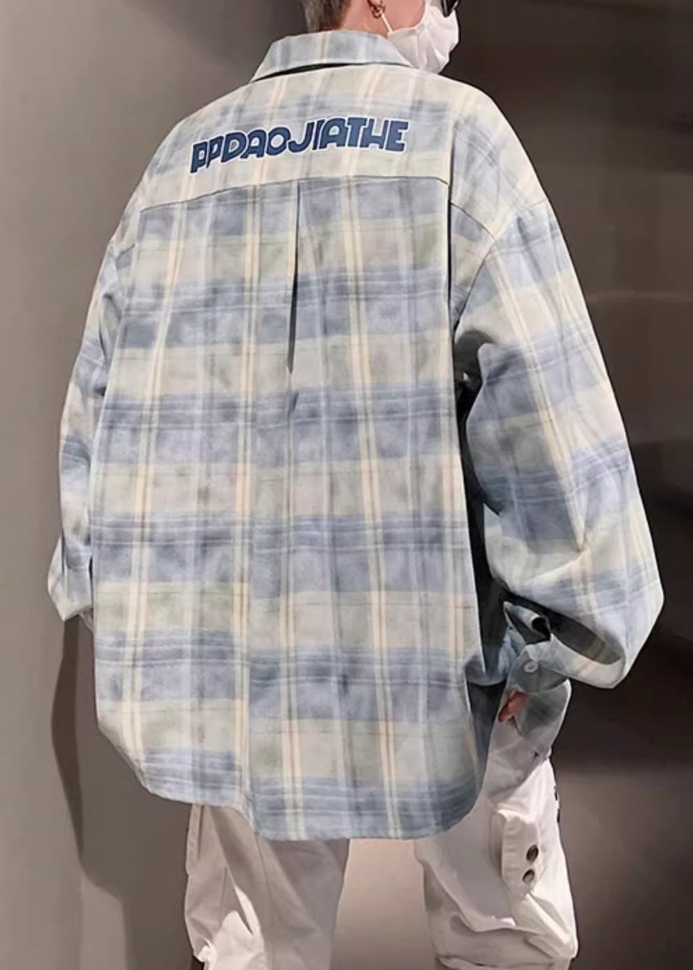 Plaid Shirt Pockets Men Peter Collar Loose Pan Yellow Cotton