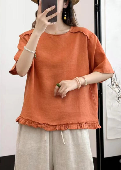 Blouses Linen Button Ruffled Yellow Summer Loose