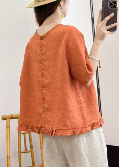 Blouses Linen Button Ruffled Yellow Summer Loose