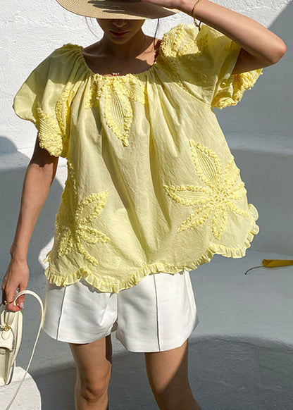 Sleeve Shirts Puff Ruffled Yellow Loose Cotton Embroidery T