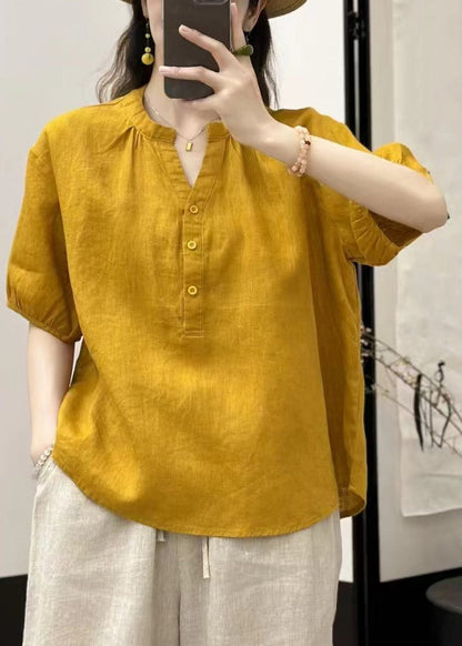 Button Loose Neck V Yellow Blouses Linen Summer