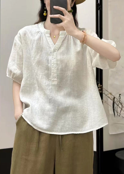 Button Loose Neck V Yellow Blouses Linen Summer