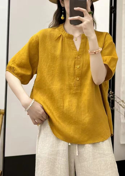 Button Loose Neck V Yellow Blouses Linen Summer