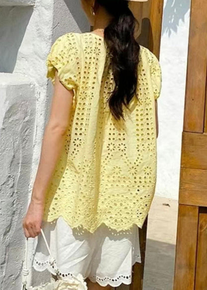 Tops Neck Yellow Cotton Up Lace Summer Hollow Loose V Out