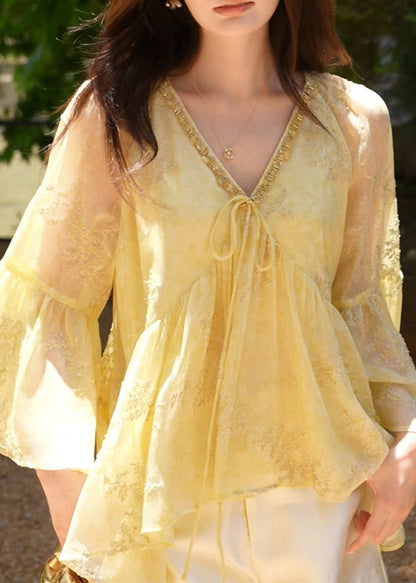 Loose Sleeve Neck Flare V Cotton Yellow Shirt Up Lace