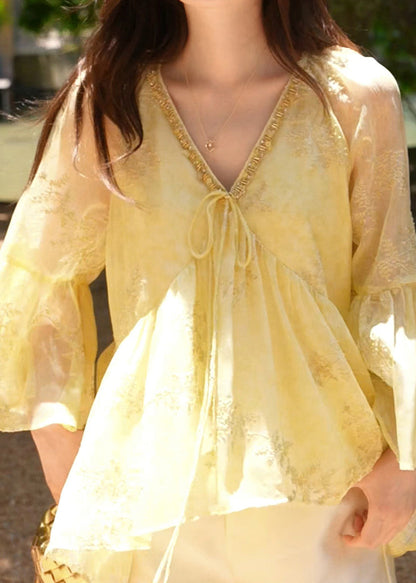 Loose Sleeve Neck Flare V Cotton Yellow Shirt Up Lace