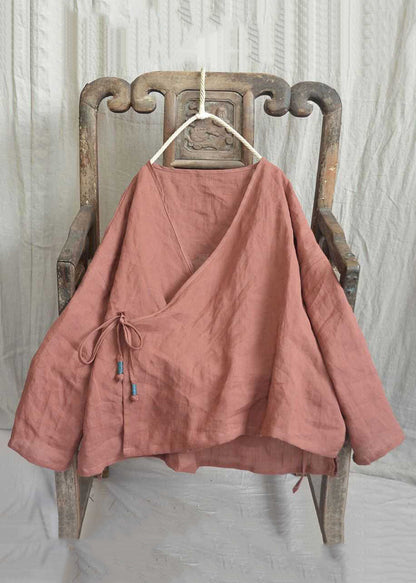 Loose Yellow V Neck Lace Up Solid Linen Shirts Long Sleeve AU1062