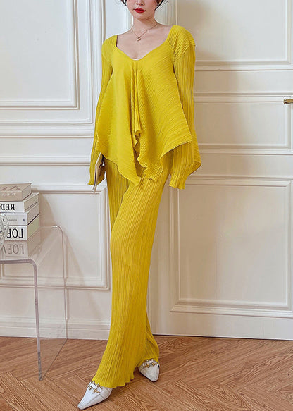 Two Set V Loose Piece Fall Neck Wrinkled Elastic Waist Yellow