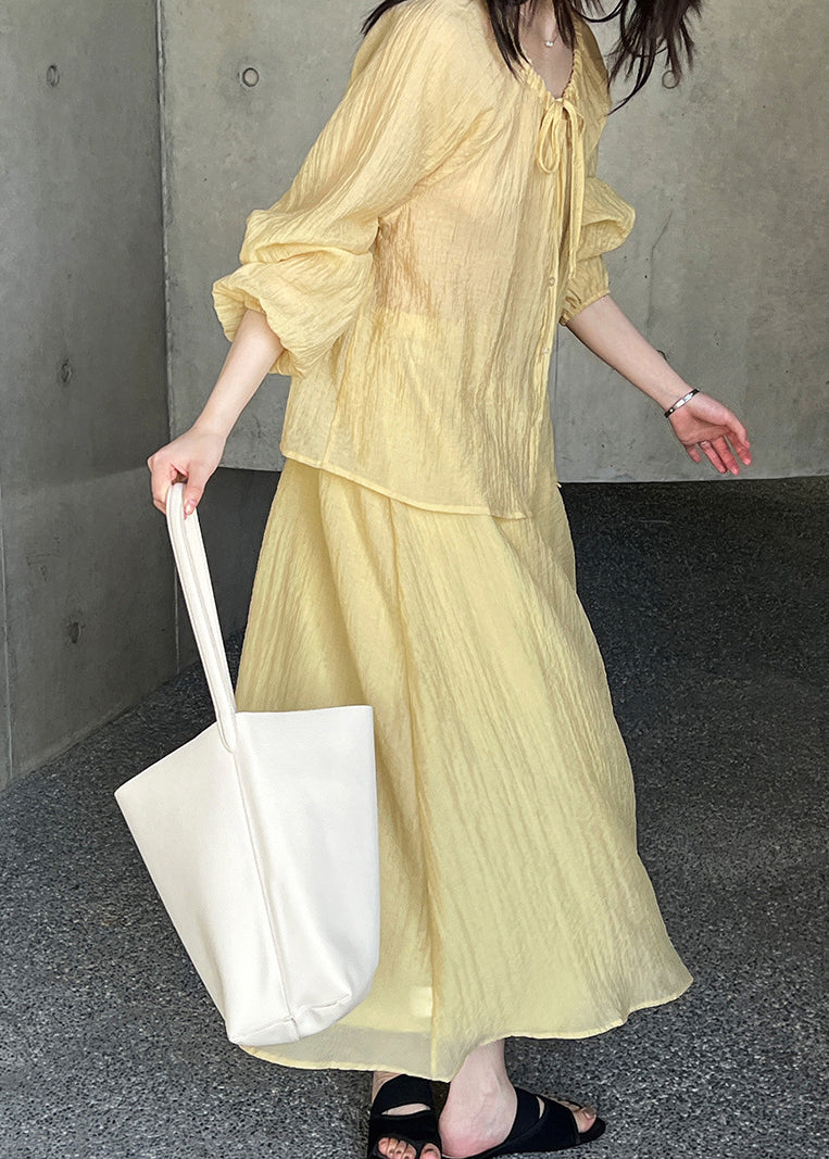 Up Yellow Silk Loose Two Lace Wrinkled Fall Set Pieces
