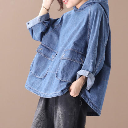 Plus Size - Loose Solid Color Drawstring Denim Hoodie OP1019