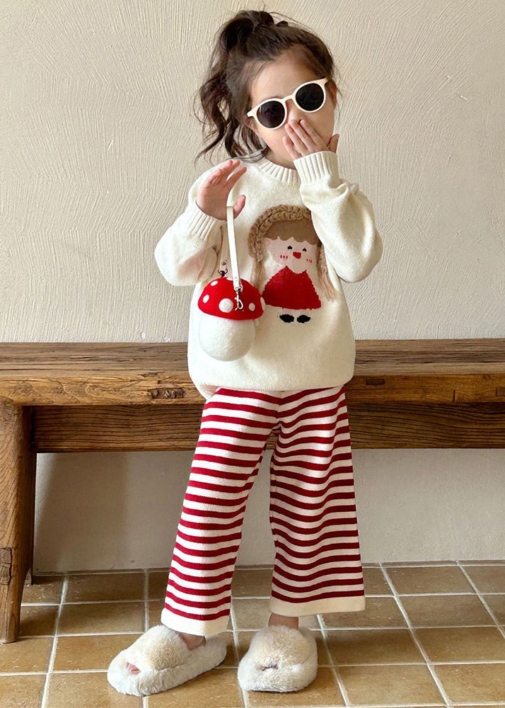 Lovely Beige O-Neck Character Kids Cotton Knit Sweaters And Flare Trousers Two Pieces Set Spring TR032