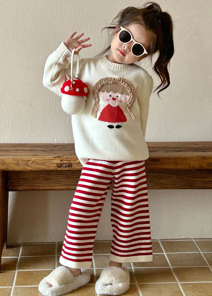 Lovely Beige O-Neck Character Kids Cotton Knit Sweaters And Flare Trousers Two Pieces Set Spring TR032