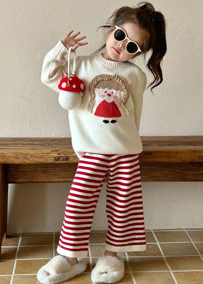Lovely Beige O-Neck Character Kids Cotton Knit Sweaters And Flare Trousers Two Pieces Set Spring TR032