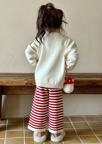 Lovely Beige O-Neck Character Kids Cotton Knit Sweaters And Flare Trousers Two Pieces Set Spring TR032