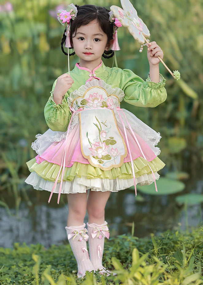 Green Girls Mid Lantern Lovely Tulle Embroideried Button Dress