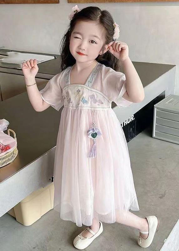 Lovely Light Pink Square Collar Embroideried Patchwork Tulle Kids Long Dresses Summer MN011