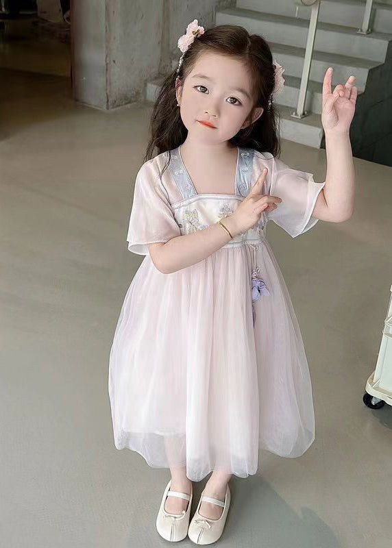 Lovely Light Pink Square Collar Embroideried Patchwork Tulle Kids Long Dresses Summer MN011