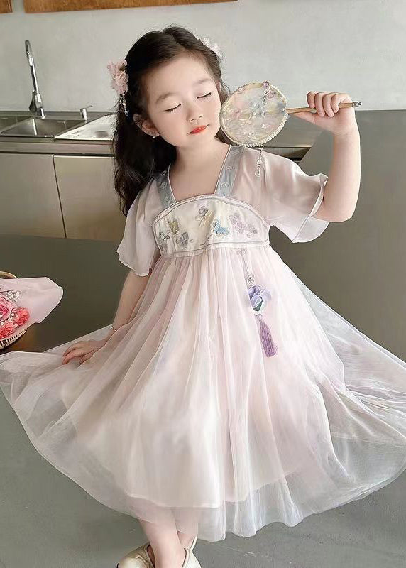 Lovely Light Pink Square Collar Embroideried Patchwork Tulle Kids Long Dresses Summer MN011
