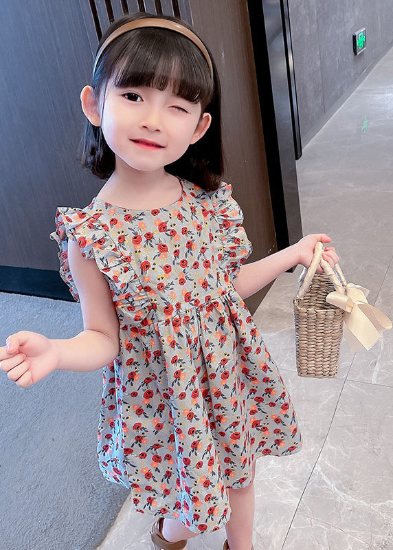 Lovely O-Neck Ruffled Print Kids Maxi Dress Summer SS1035