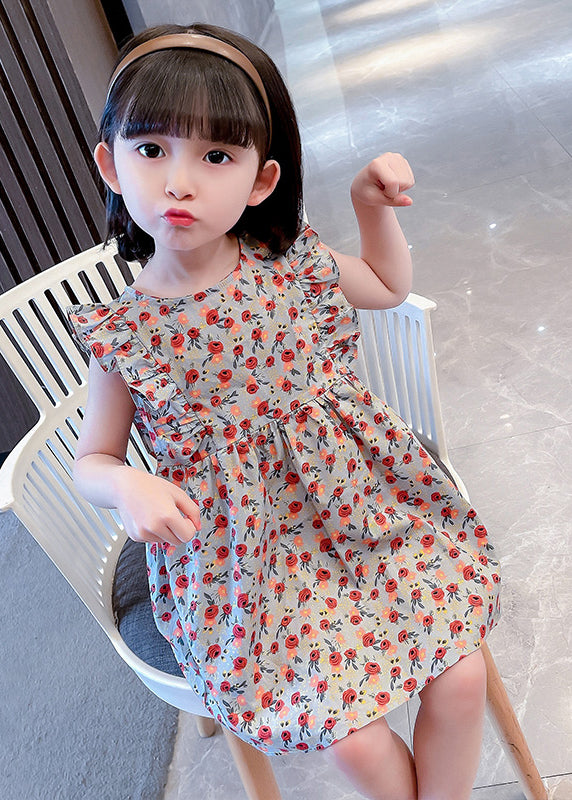 Lovely O-Neck Ruffled Print Kids Maxi Dress Summer SS1035