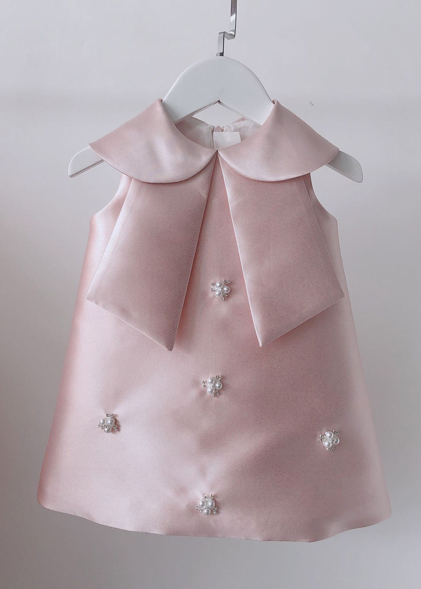 Lovely Pink Peter Pan Collar Bow Pearl Zircon Kids Maxi Dress Sleeveless YS032