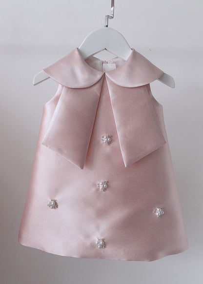 Lovely Pink Peter Pan Collar Bow Pearl Zircon Kids Maxi Dress Sleeveless YS032