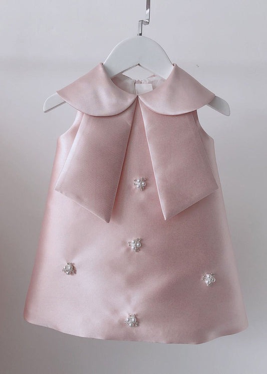 Lovely Pink Peter Pan Collar Bow Pearl Zircon Kids Maxi Dress Sleeveless YS032