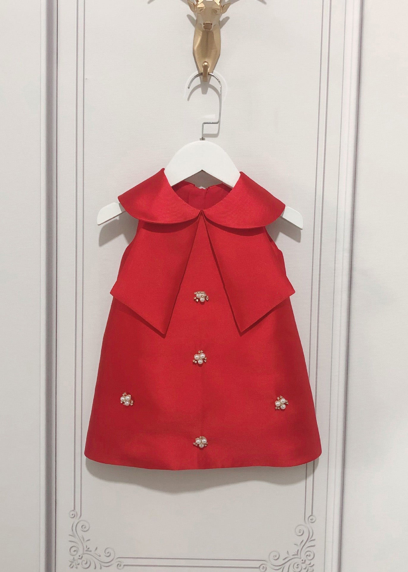 Lovely Pink Peter Pan Collar Bow Pearl Zircon Kids Maxi Dress Sleeveless YS032