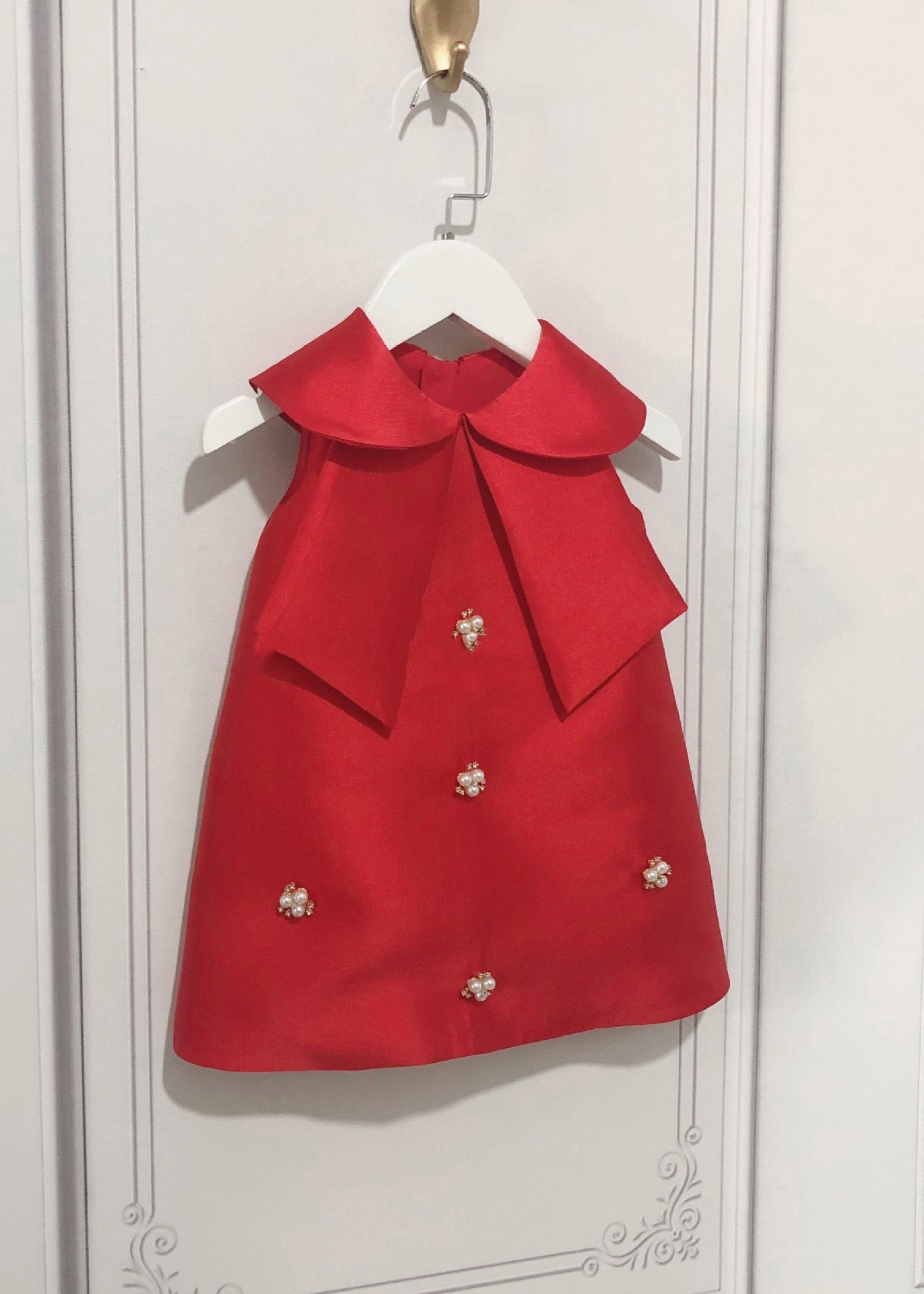 Lovely Pink Peter Pan Collar Bow Pearl Zircon Kids Maxi Dress Sleeveless YS032