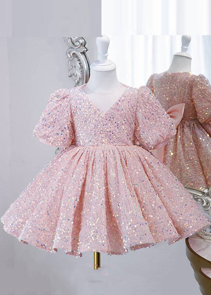 Lovely Pink Sequins Tulle Girls Long Dress Lantern Sleeve YS024