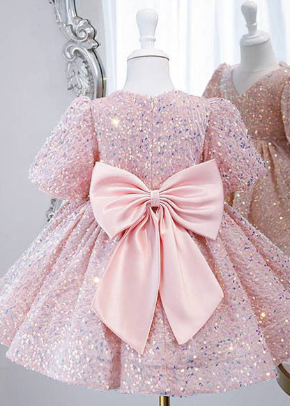 Lovely Pink Sequins Tulle Girls Long Dress Lantern Sleeve YS024